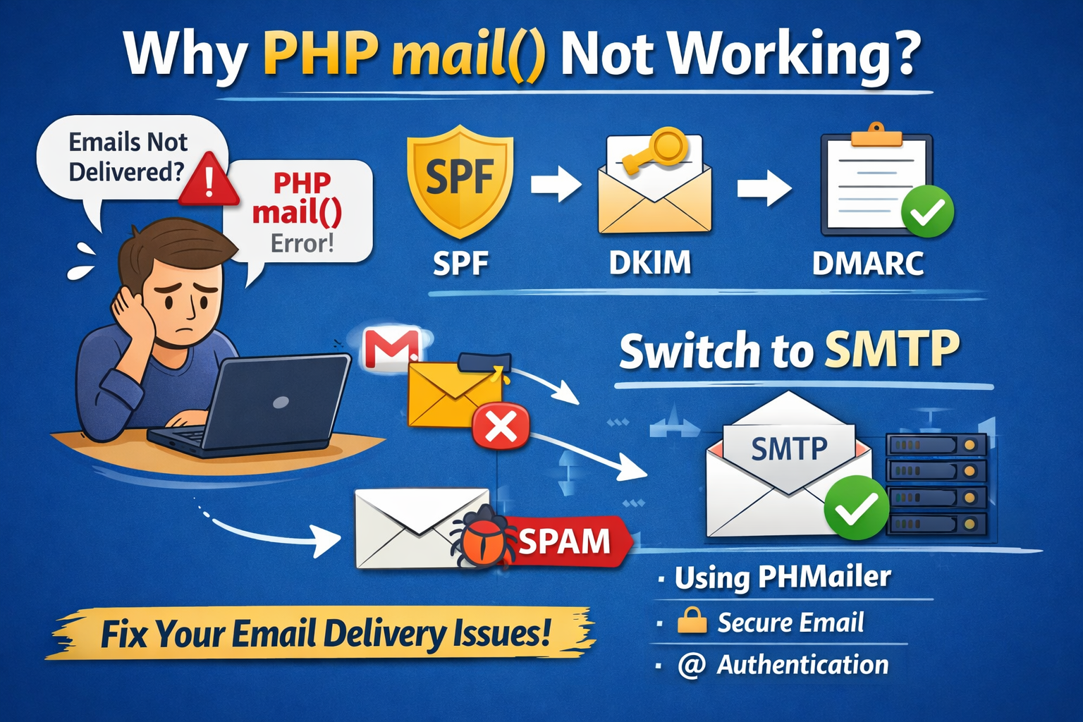Illustration showing PHP mail() errors, SPF/DKIM/DMARC setup, Gmail spam rejection, and SMTP solution using PHPMailer.